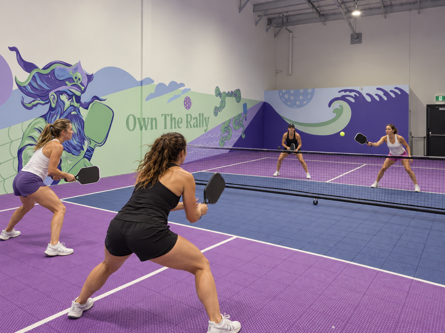 Four players in a mixed doubles rally in front of the Own The Rally mural at Pickleball Cove