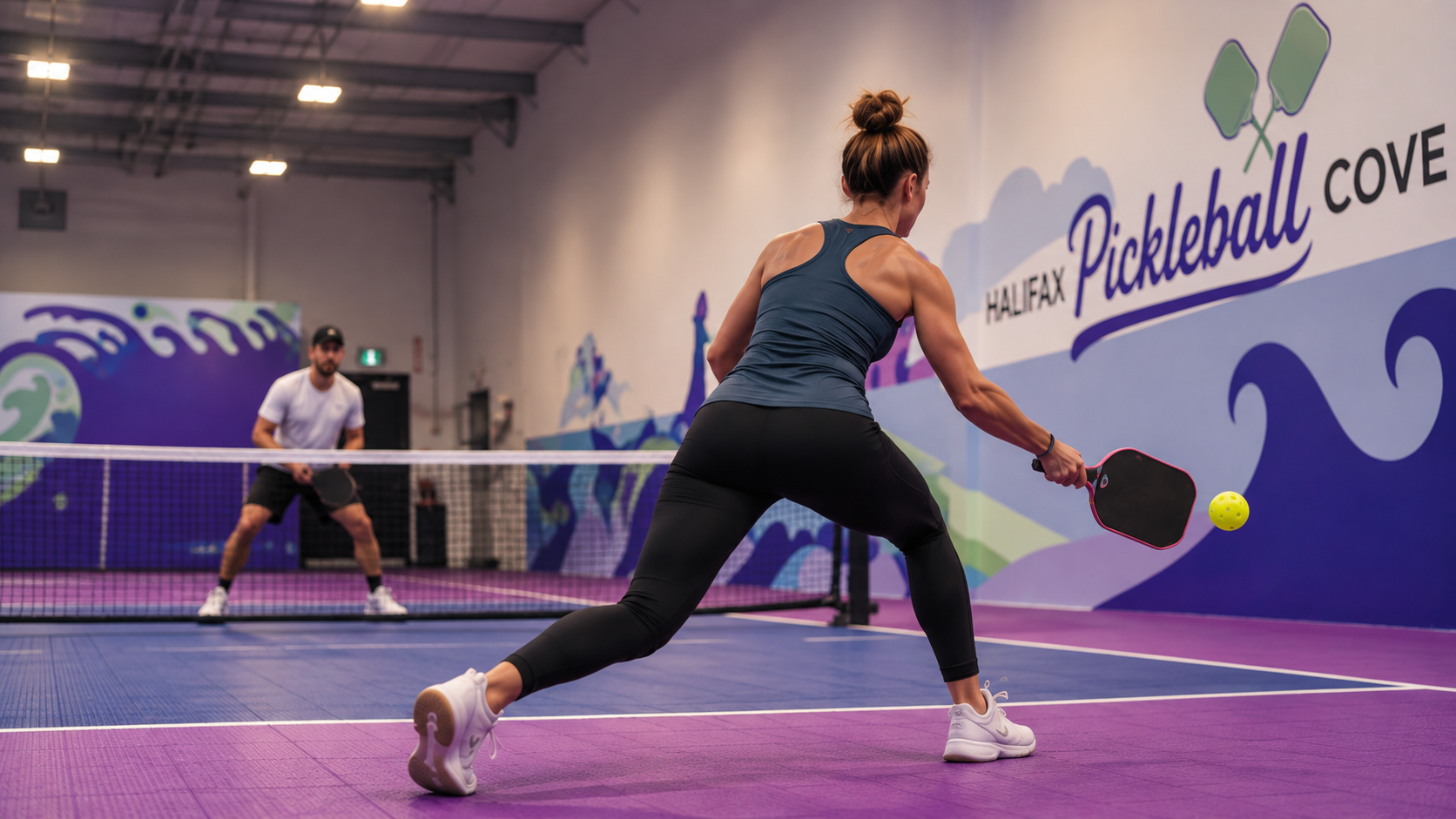 Two players rallying beneath the Pickleball Cove wall sign on the purple indoor court