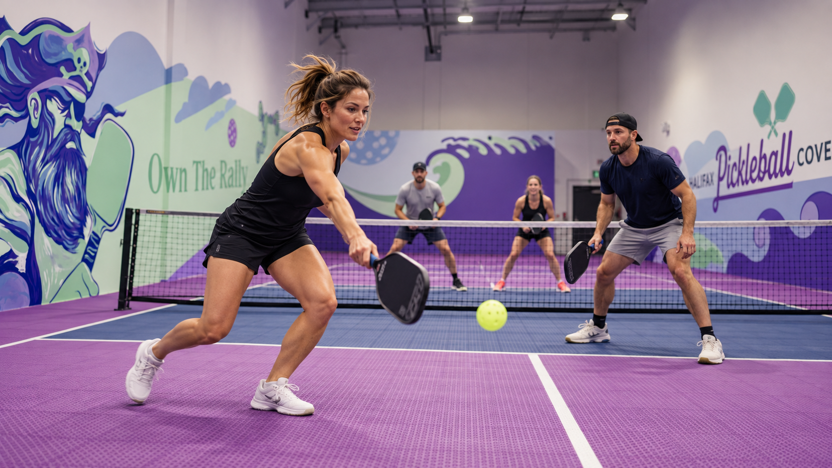 Four players competing in a doubles rally on Pickleball Cove's private indoor court
